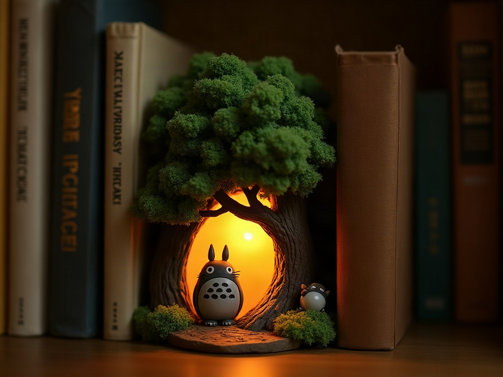 Diorama miniature de forĂȘt inspirĂ© de Totoro affichĂ© sur une Ă©tagĂšre entre des livres avec un intĂ©rieur LED brillant