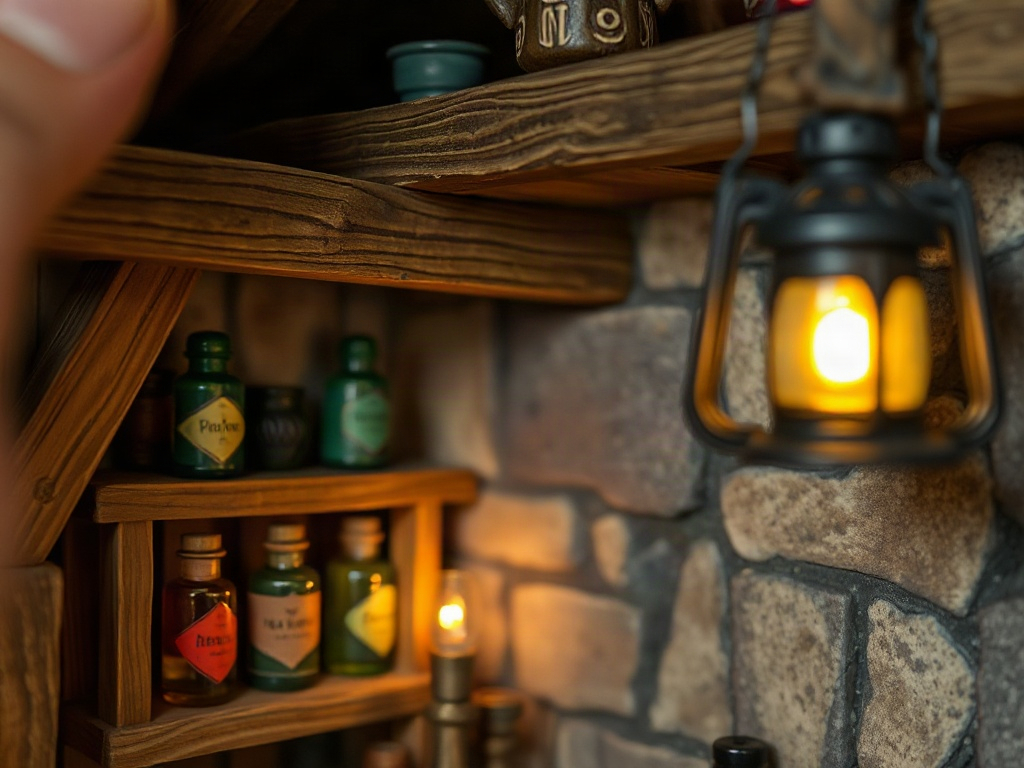 Close-up of miniature tavern interior showing detailed weathered beams, potion bottles, and iron lighting fixtures