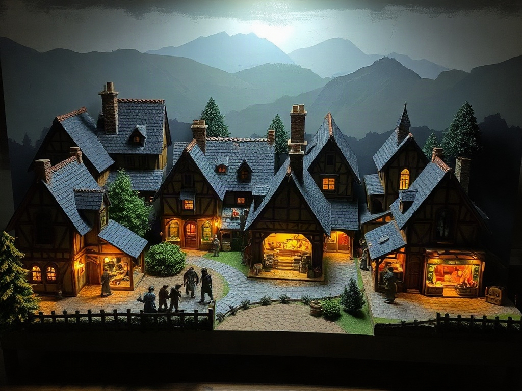 Full medieval village miniature diorama with multiple buildings lit by warm LED lights and painted backdrop
