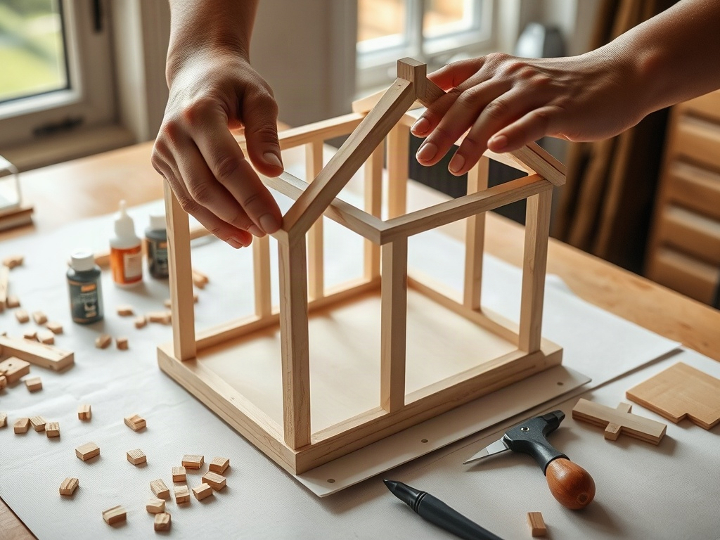 Hands assembling wooden structure of English cottage miniature kit on a work mat