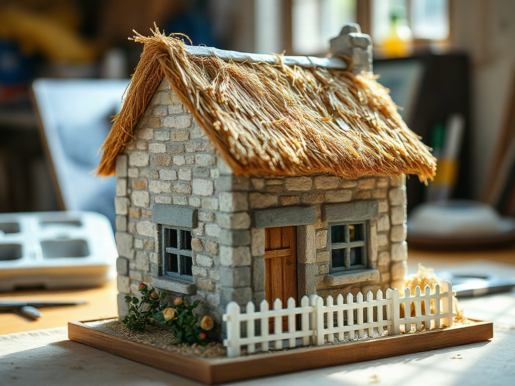 Partially completed English cottage miniature showing stonework and thatched roof construction