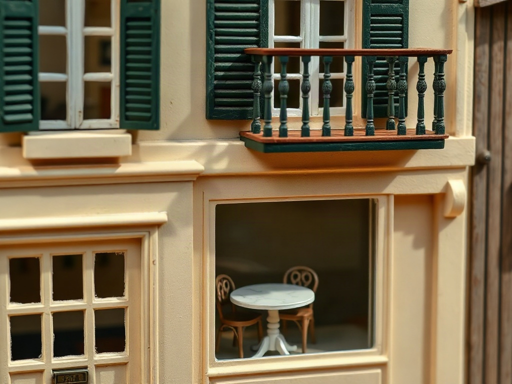 Close-up of a miniature French cafe storefront with cream facade, green shutters, wrought-iron balcony, and visible interior seating