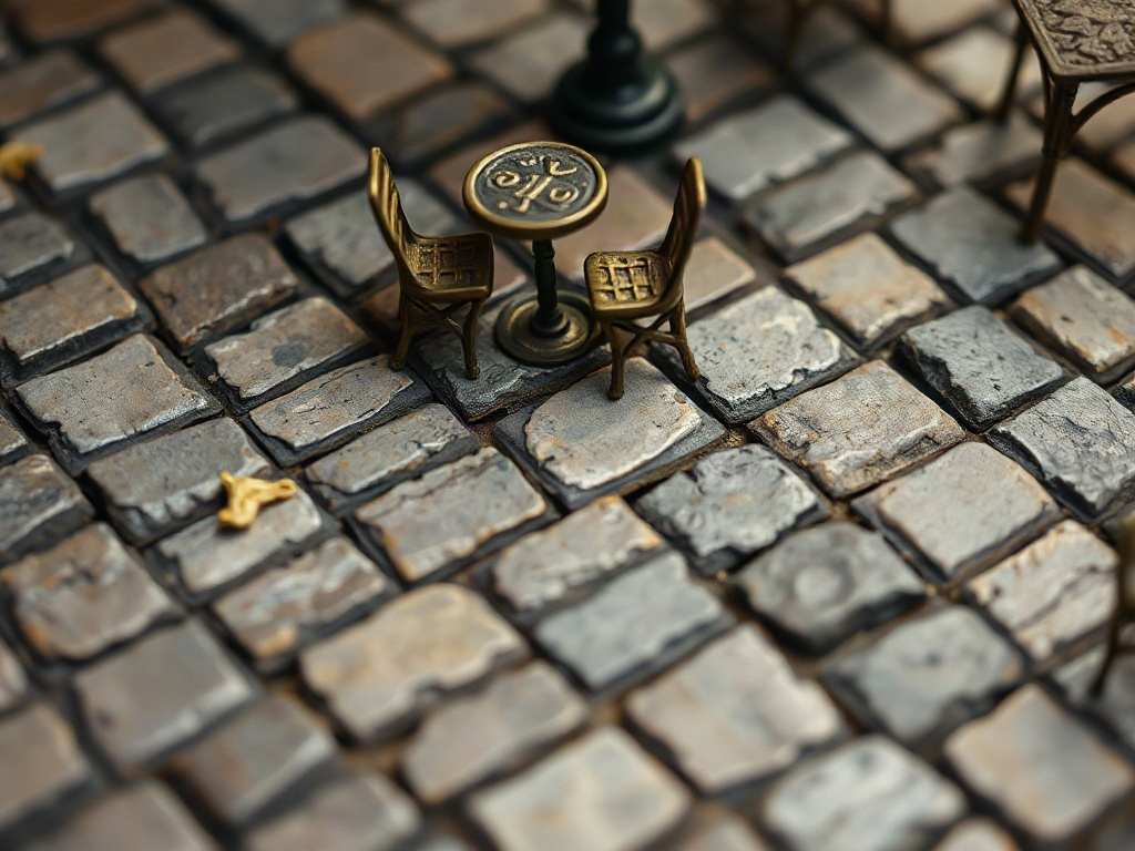 Hand-painted miniature cobblestones with varied tones, shadows between stones, and authentic weathering effects