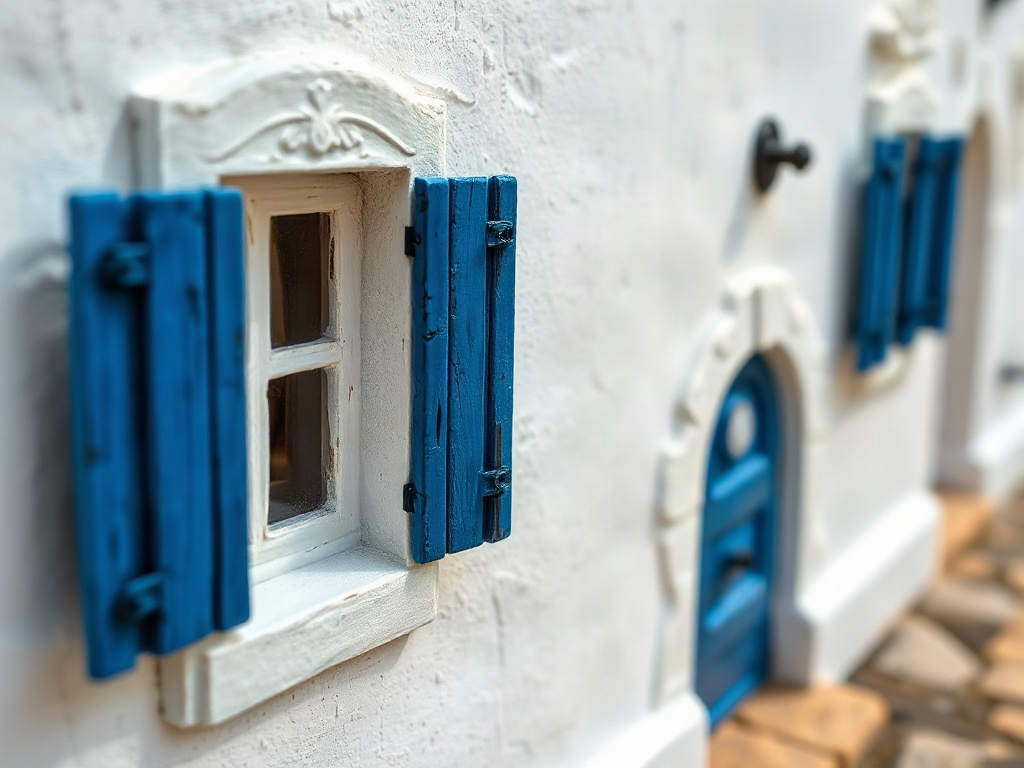 Close-up detail of a white-washed miniature building facade with blue shutters and door
