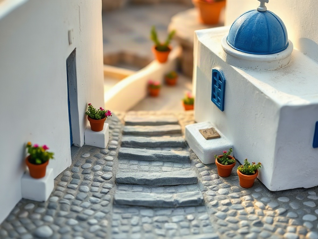 Miniature stone stairs and pathways connecting white buildings in a Greek island scene