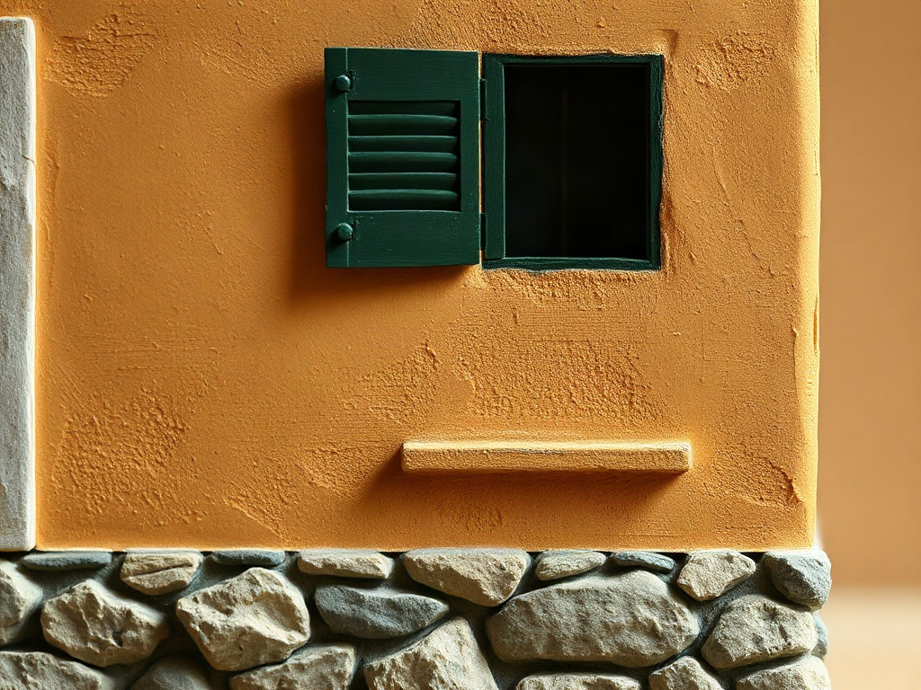 Close-up detail of weathered ochre plaster wall with textured surface and dark green shutter on miniature Tuscan villa
