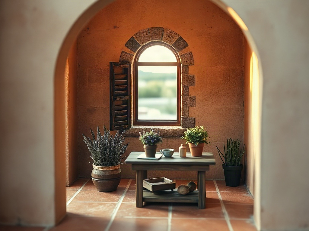 Interior courtyard view of miniature Tuscan villa showing terracotta flooring, wooden furnishings, and potted plants