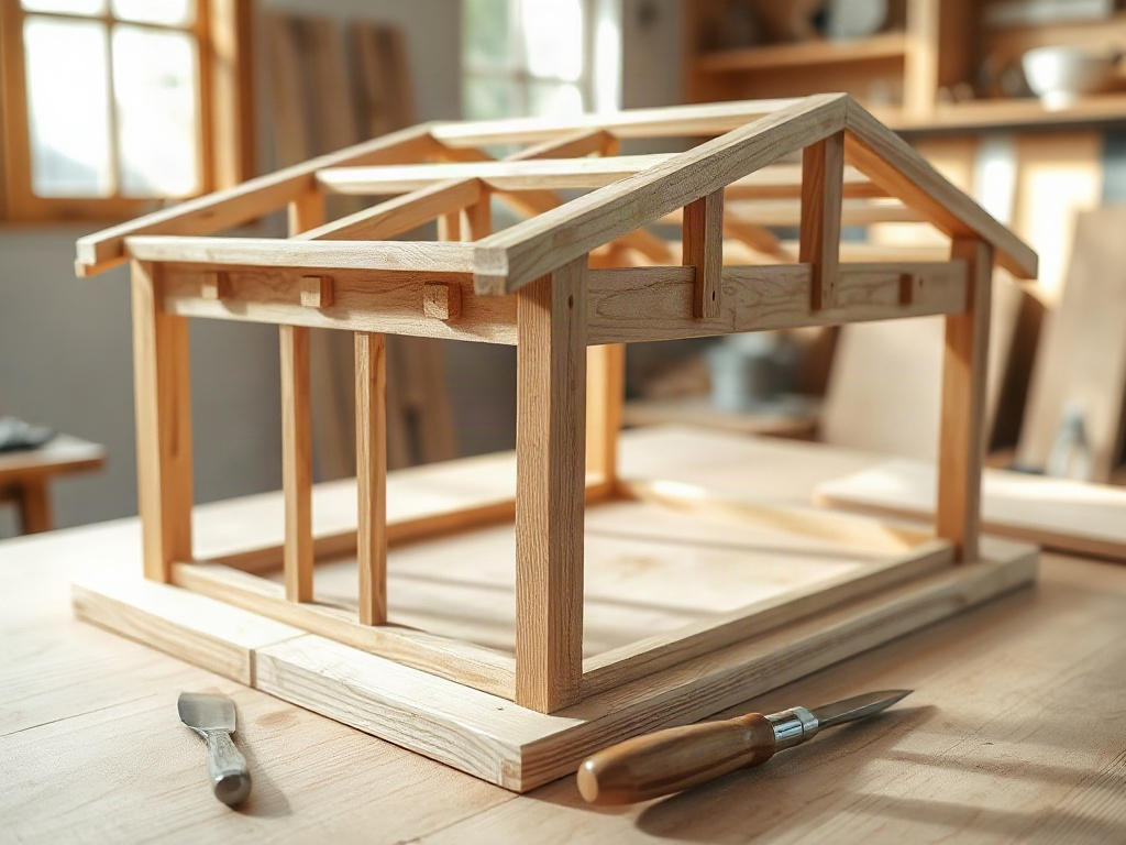 Machiya miniature wooden house frame during assembly, showing traditional joinery details and hand tool placement on work surface