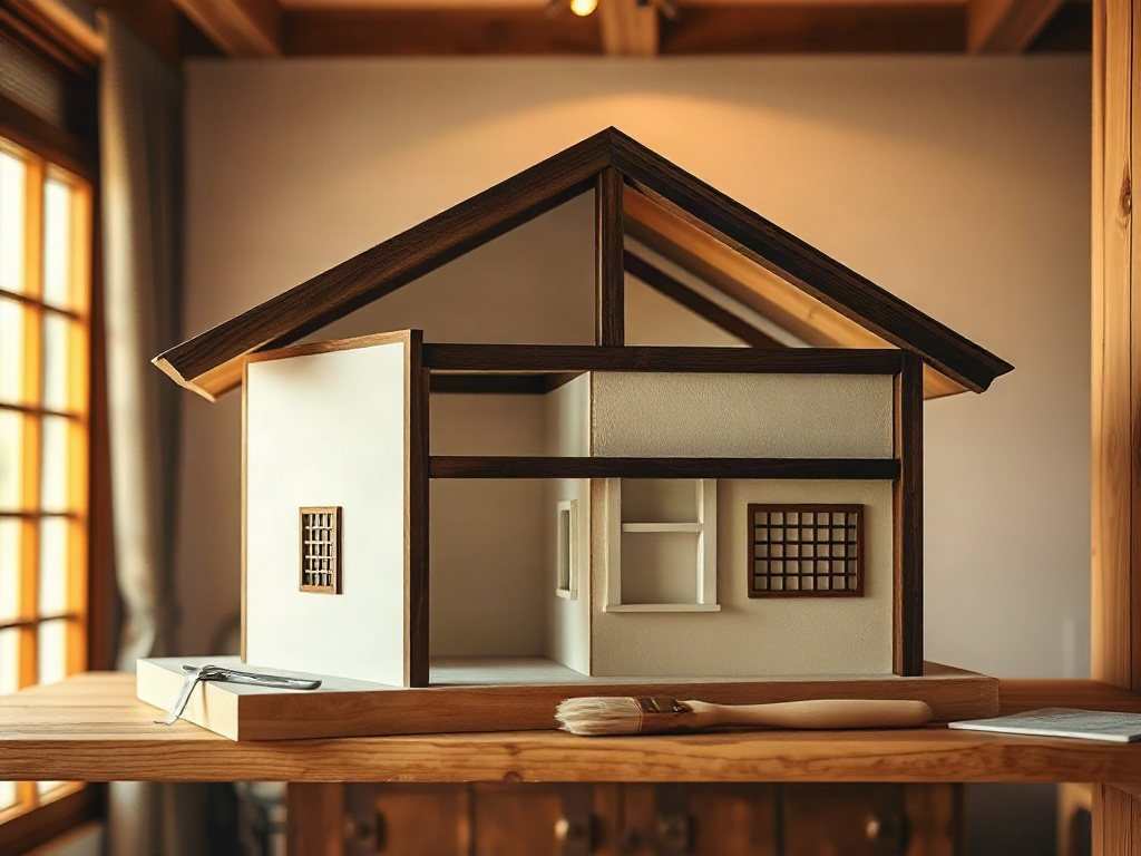 Machiya miniature house mid-build showing wooden frame structure, cream plaster walls, and lattice window screens installed on wooden shelf