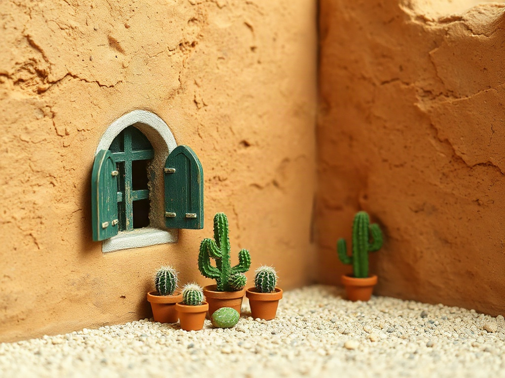 Close-up of hacienda courtyard with adobe texture, window details, and miniature cacti landscaping