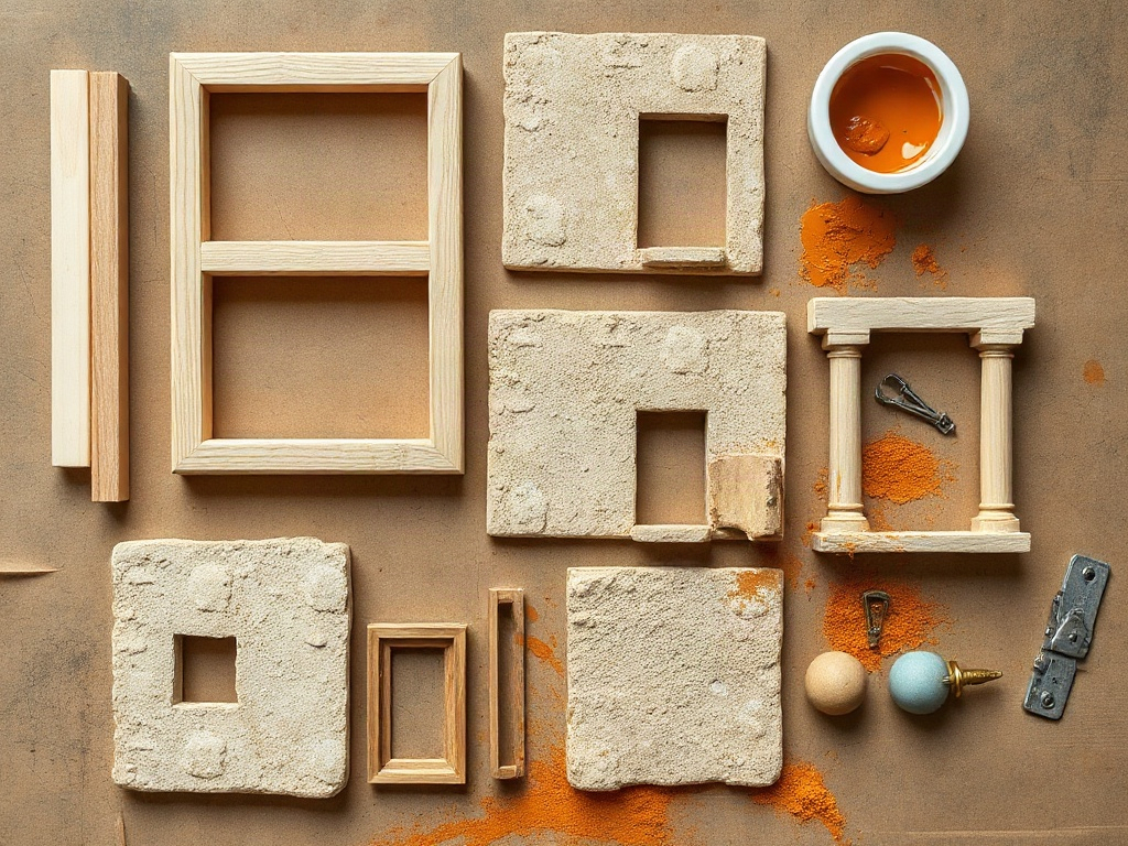 Laid-out miniature hacienda kit components showing wooden frames, textured panels, and hardware before assembly