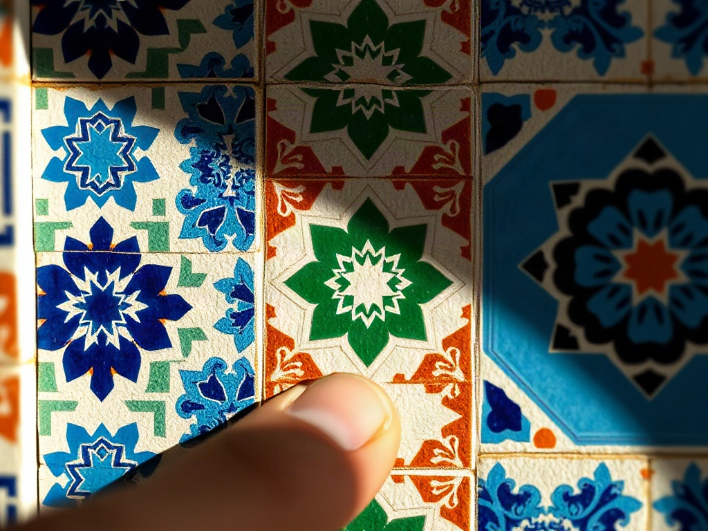 Detailed close-up of hand-painted and interlocking zellige tile patterns in cobalt blue, emerald, and rust orange on a Moroccan miniature riad wall, with a builder's hand visible placing a decorative tile piece.