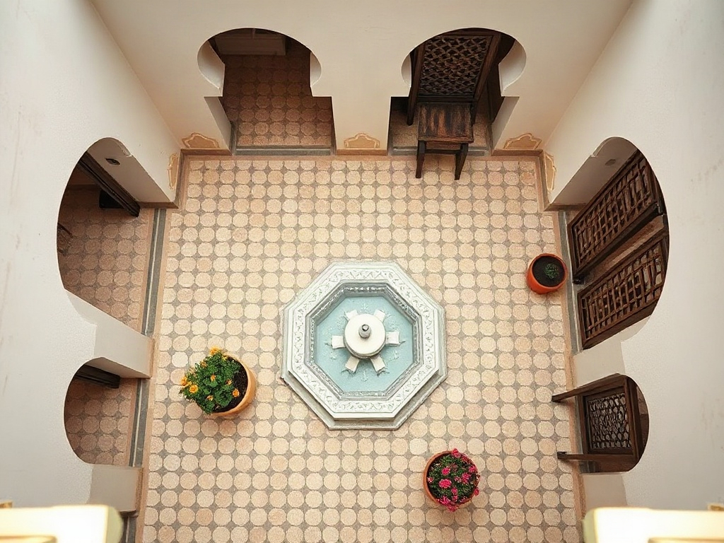 Overhead view of a Moroccan miniature riad courtyard with geometric tile flooring, central fountain, carved plaster arches, potted plants, and latticed screens creating an inward-facing garden.