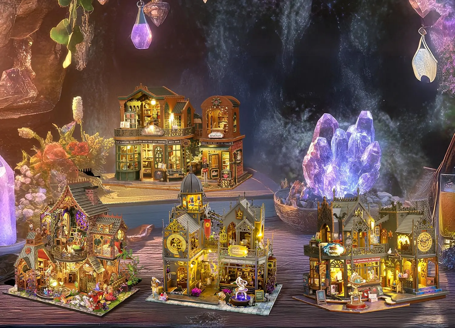 Fantasy book nook kits lit up among glowing crystals